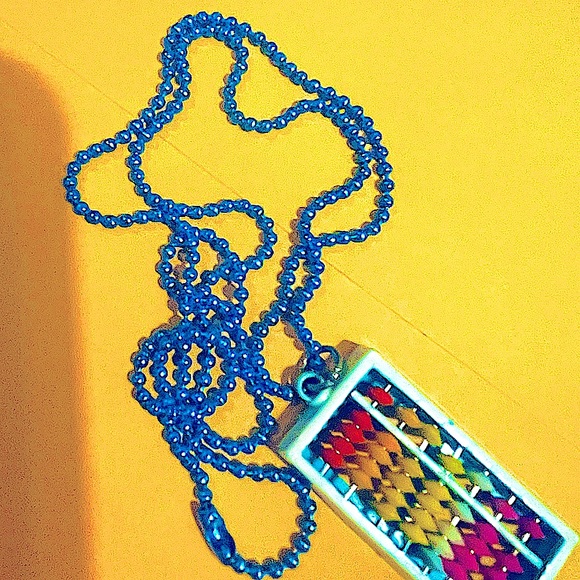 Abacus necklace charm vtg 80s plastic rare HTF w/aqua blue dog tag chain 24" - Picture 2 of 4